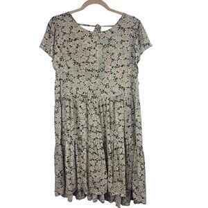American Eagle XL Floral Tiered Tie-Back Dress Y2K Babydoll Beige Short Sleeve